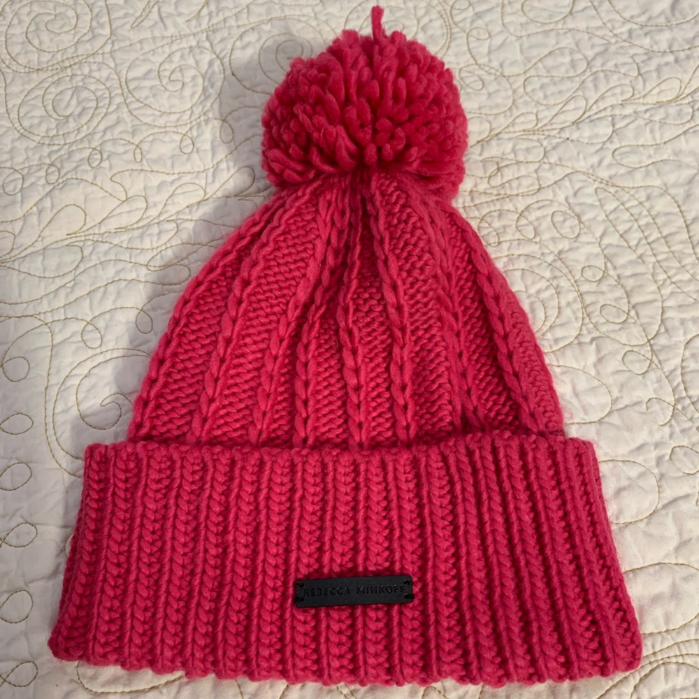 REBECCA MINKOFF- BEANIE, Pink‎ Pom-Pom, One Size